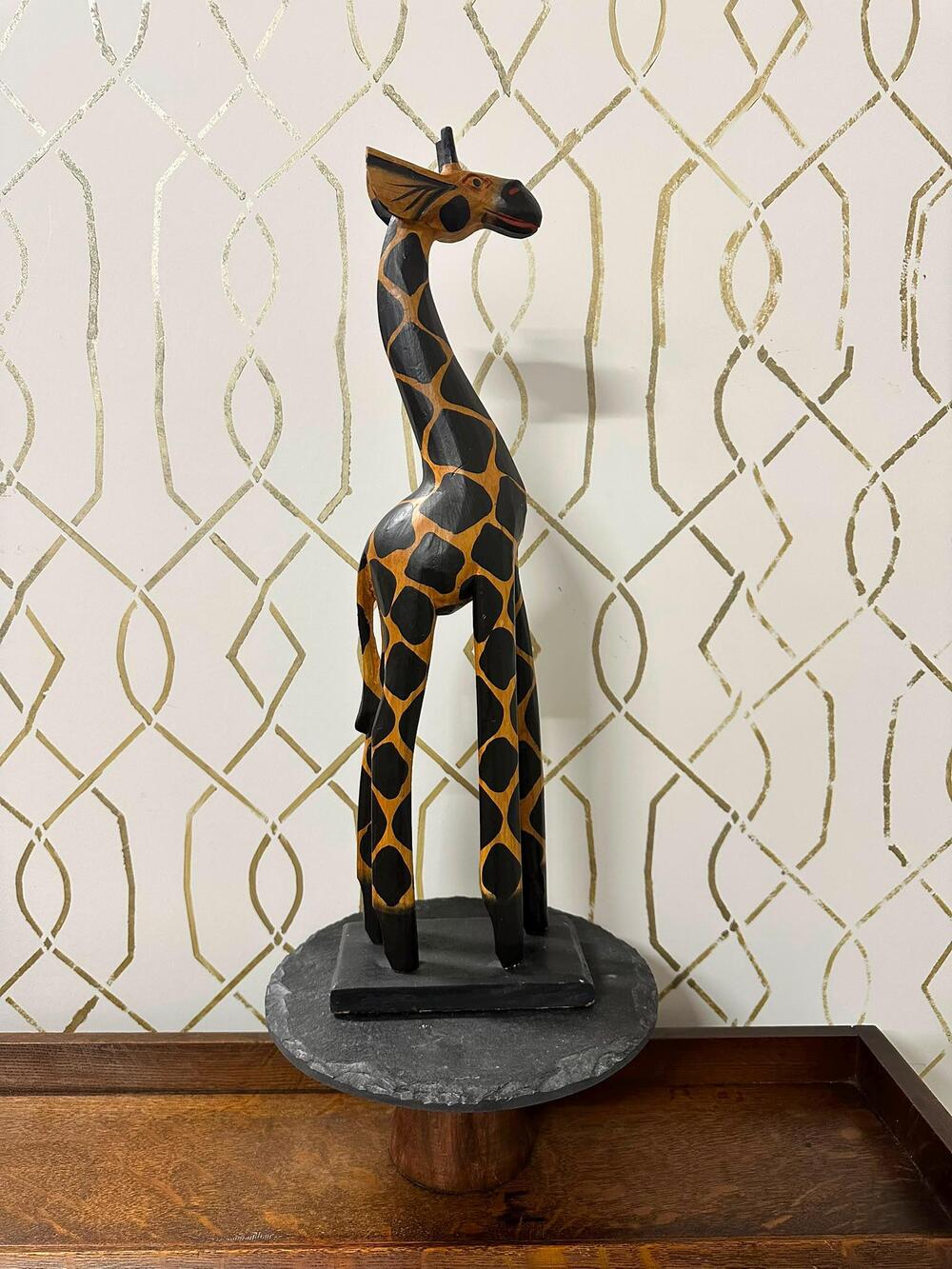 Hand-Carved Wooden Giraffe Figurine | Vintage Safari Animal Folk Art Home Decor